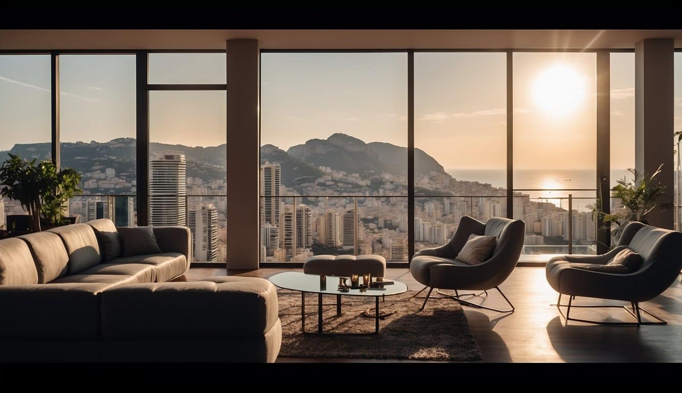 A luxurious Monaco apartment with sleek, modern furnishings and a panoramic view of the city skyline