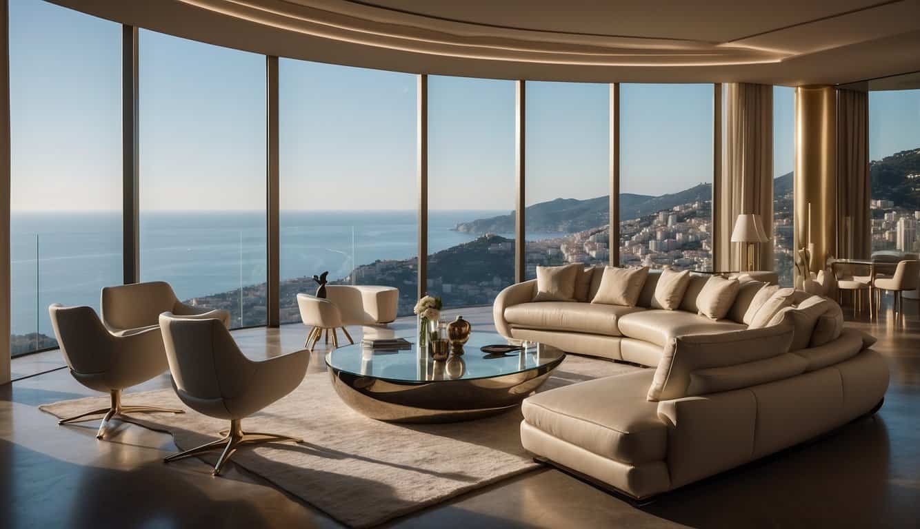 Luxurious Monaco interior: sleek, modern furniture, elegant chandeliers, and panoramic views of the Mediterranean Sea