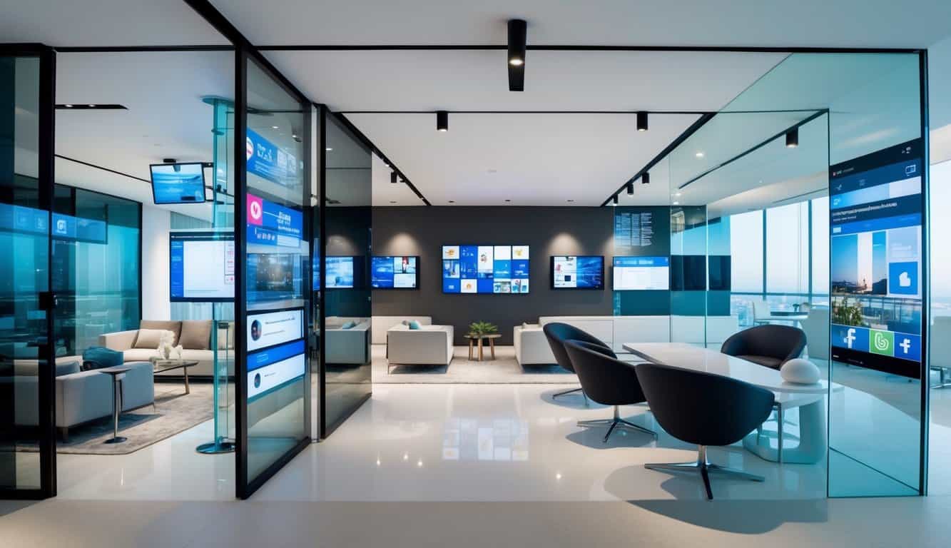 A sleek, modern interior space with a blend of technology and social media elements. Clean lines, minimalist furniture, and digital displays create a high-tech, connected atmosphere