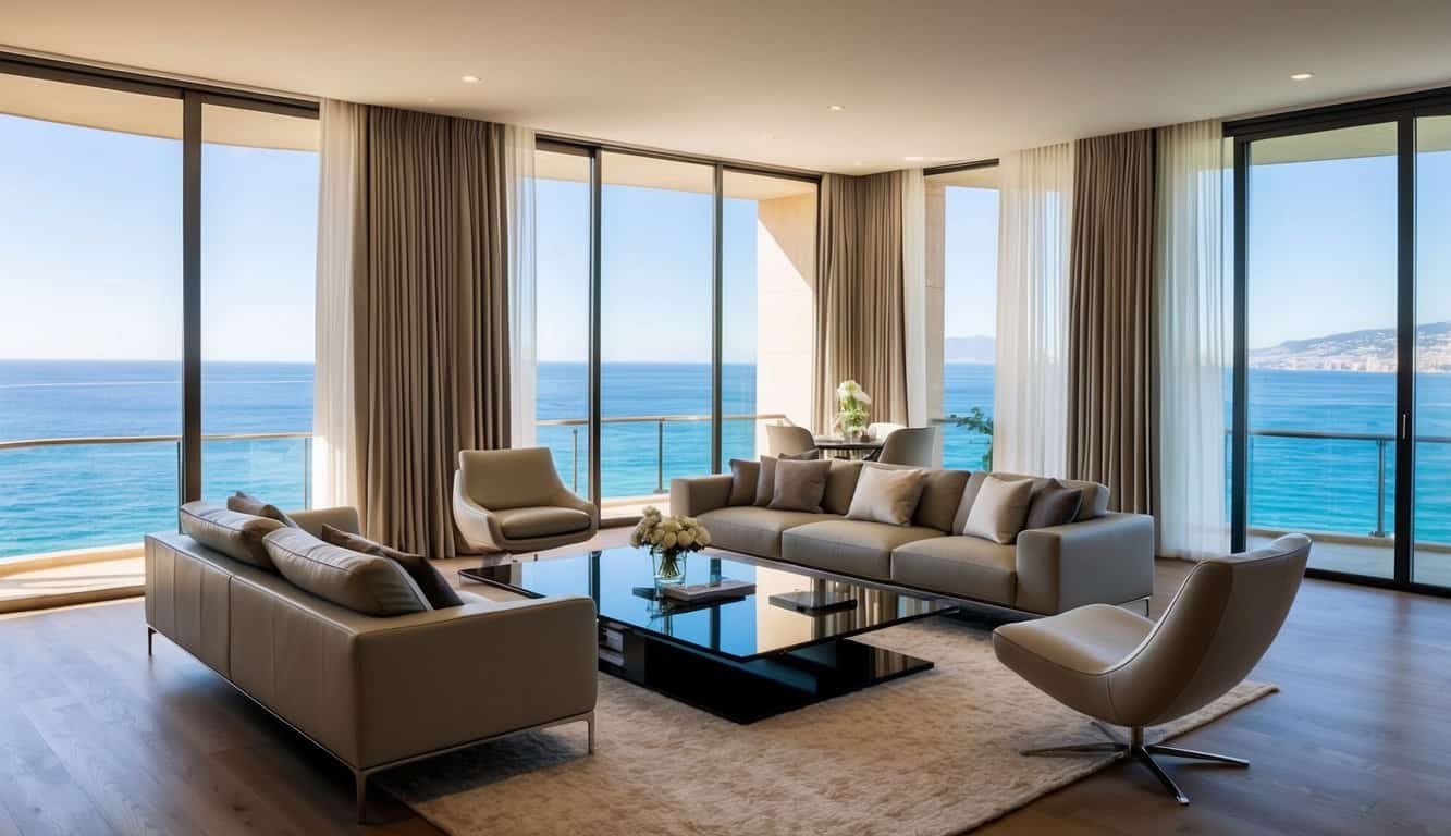 A luxurious living room with sleek, modern furniture and elegant decor, bathed in natural light from large windows overlooking the sparkling waters of Monaco