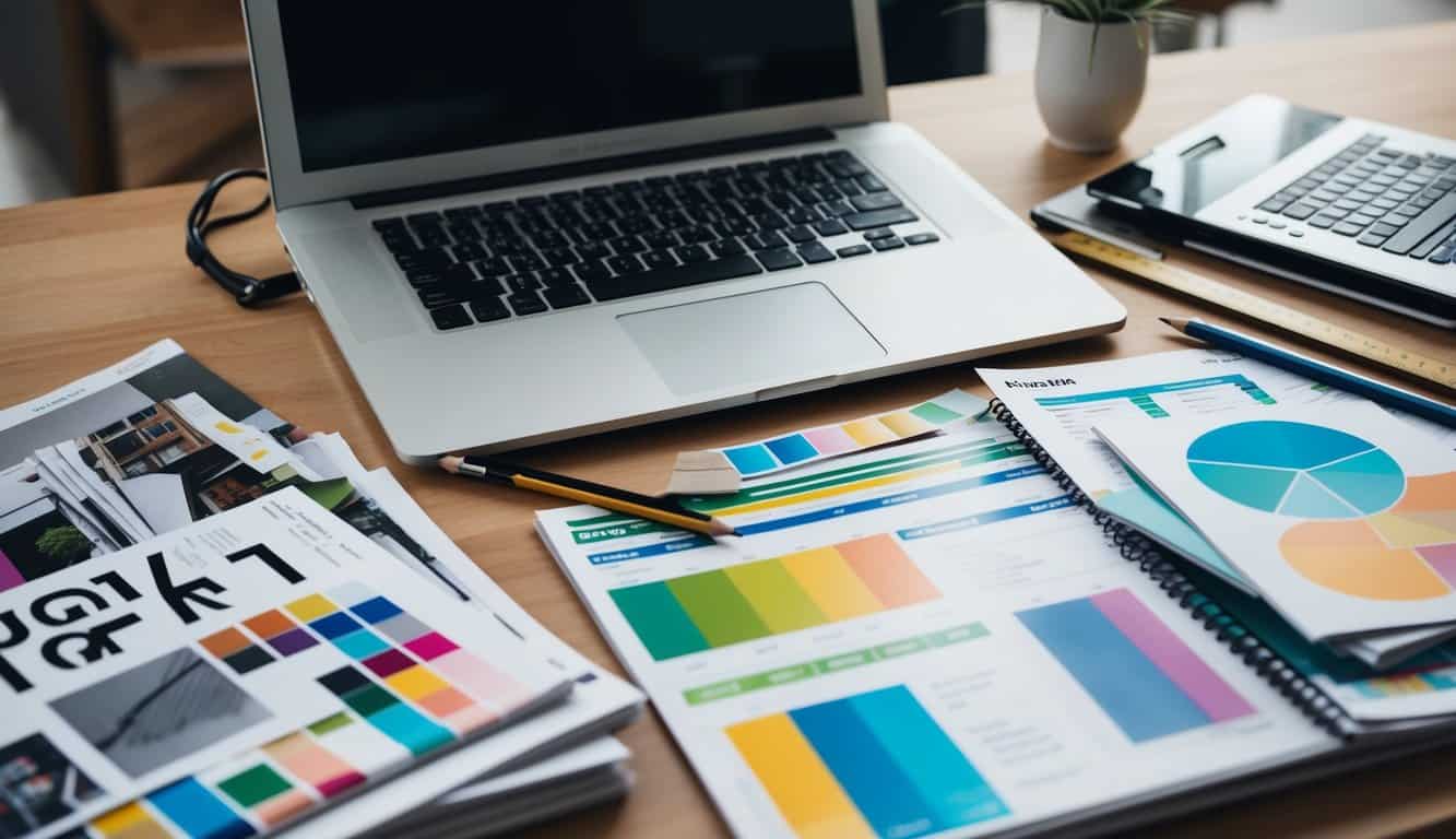 A cluttered desk with scattered design magazines, a laptop, and budgeting spreadsheets. A ruler, pencil, and color swatches lay nearby