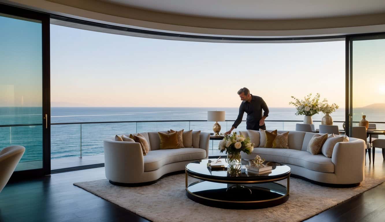 An interior designer in Monaco arranging furniture and decor in a luxurious living room with a view of the Mediterranean Sea