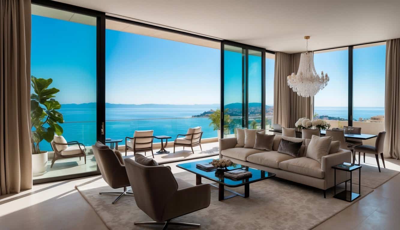 A luxurious living room with modern furniture, elegant decor, and a stunning view of Monaco's coastline through floor-to-ceiling windows