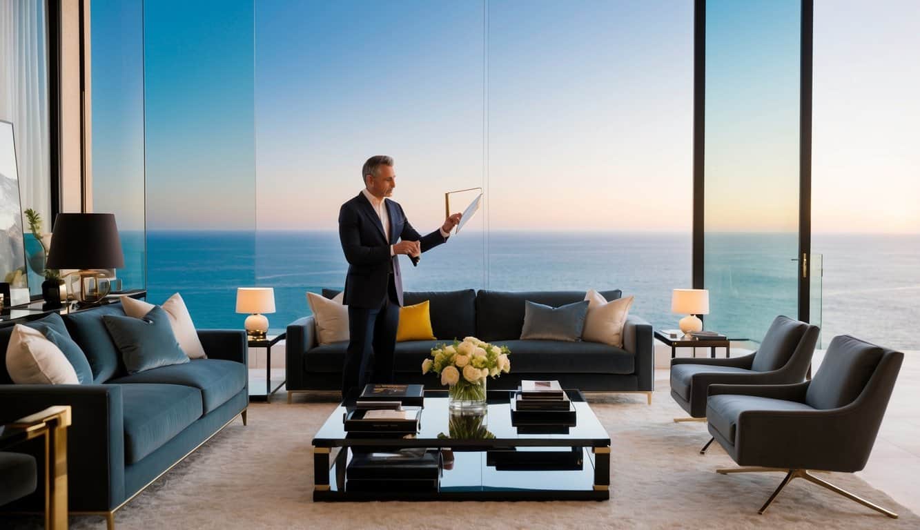 An interior designer in Monaco arranges furniture, selects color schemes, and designs layouts for a luxurious living room with a view of the Mediterranean Sea