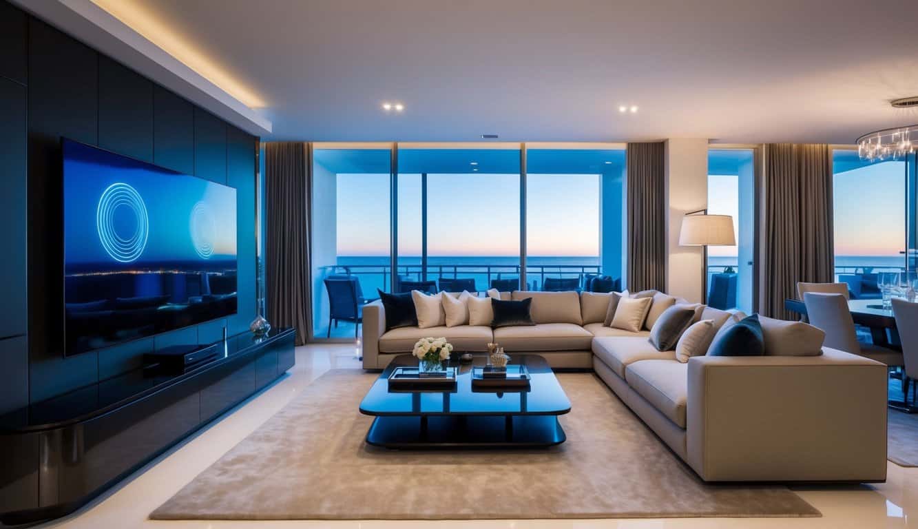 An interior designer in Monaco seamlessly integrates technology into a sleek, modern living room, with smart lighting, automated window treatments, and a state-of-the-art entertainment system