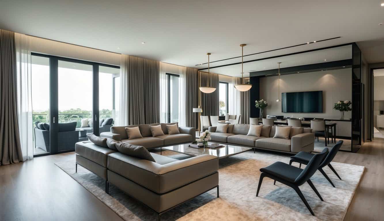 A sleek, modern living room with high-end furniture, elegant decor, and functional layout. Aesthetic and functional design elements are seamlessly integrated