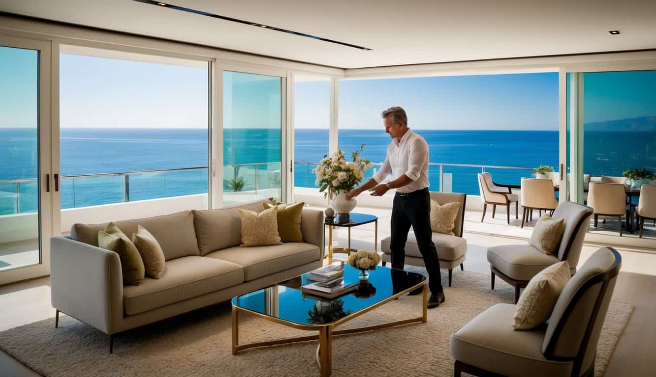 An interior designer in Monaco arranging furniture and selecting color schemes for a luxurious living room with a view of the Mediterranean Sea