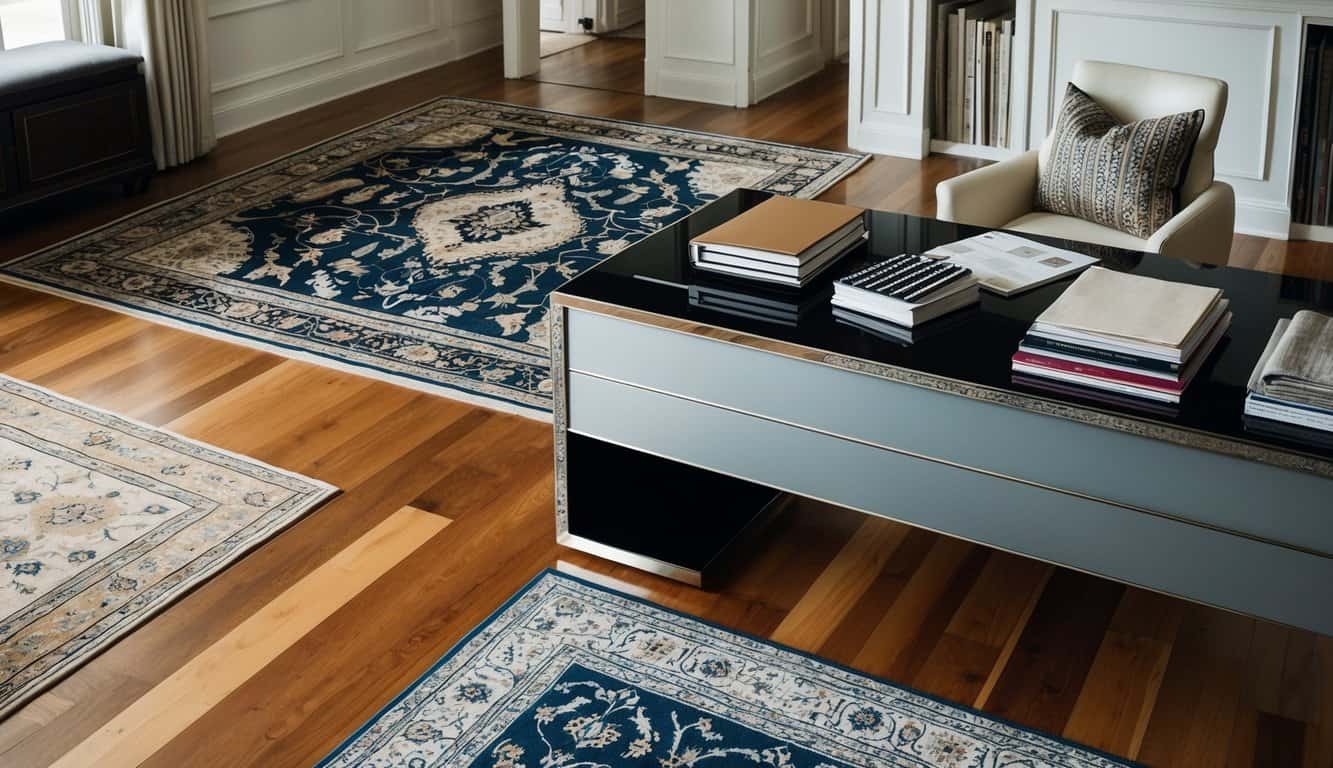 An elegant interior with a variety of floor treatments, including hardwood, tile, and luxurious rugs. A designer's sample books and fabric swatches are scattered on a sleek, modern desk