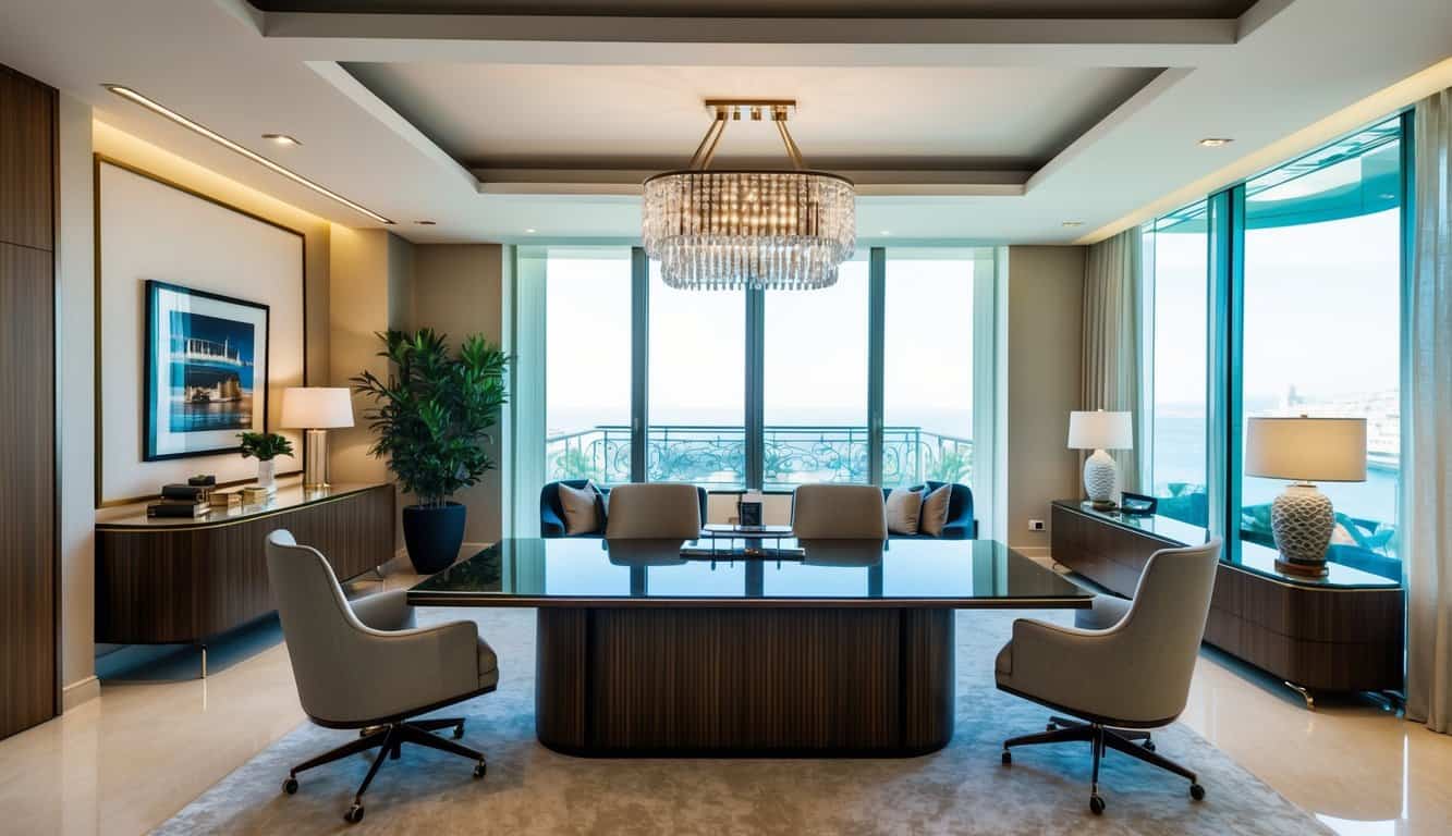 A luxurious office space with elegant furniture and modern decor, showcasing the expertise of an interior designer in Monaco