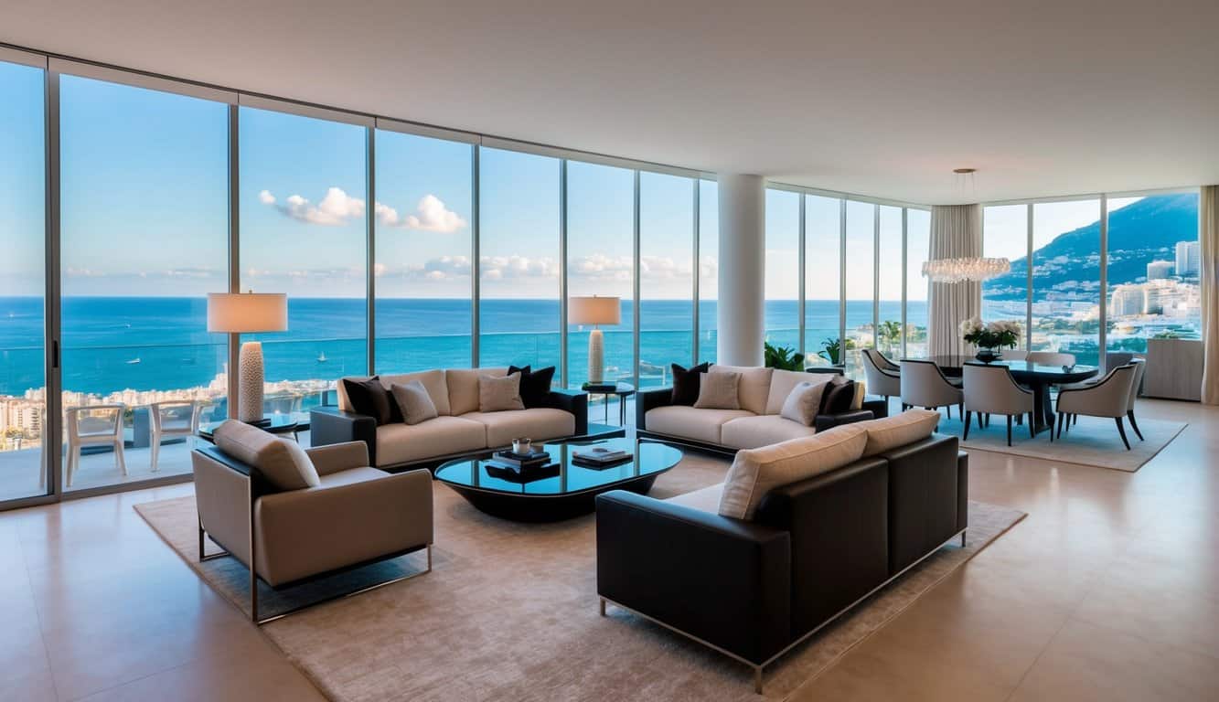 A luxurious living room in Monaco, featuring sleek modern furniture, high-end finishes, and a breathtaking view of the Mediterranean Sea