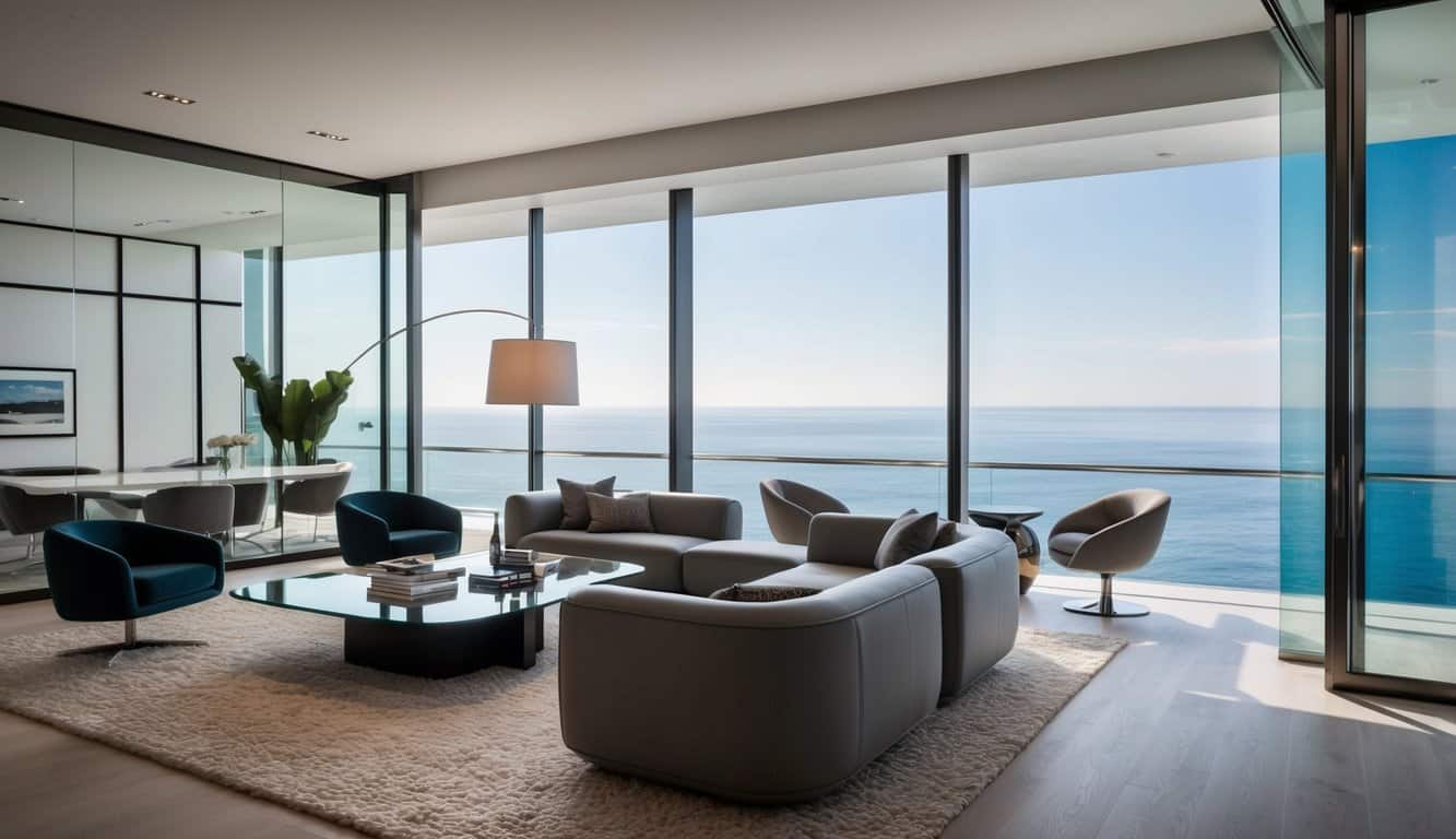 A luxurious, modern interior design studio in Monaco, with sleek furniture, high-end materials, and large windows overlooking the Mediterranean Sea