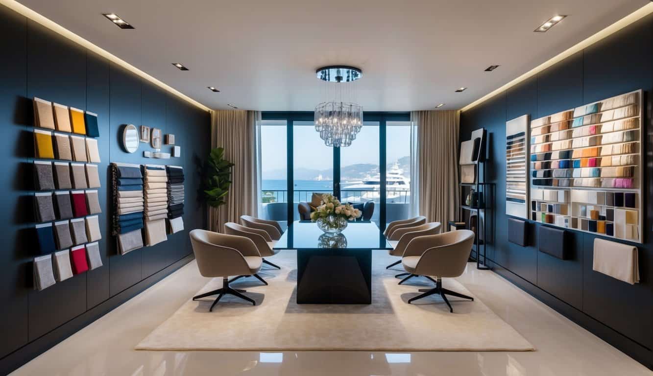 A sleek, modern interior design studio in Monaco with a variety of fabric swatches, furniture samples, and mood boards displayed on the walls