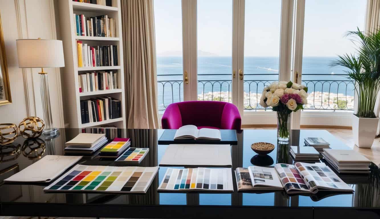 An elegant Monaco apartment with a floor plan, color swatches, fabric samples, and furniture catalogs spread out on a designer's desk