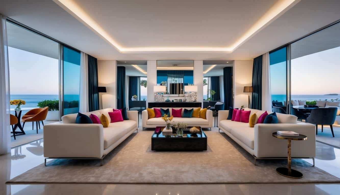 A luxurious, modern living room with sleek furniture and vibrant accents, showcasing the difference between hiring a Monaco interior designer and designing yourself