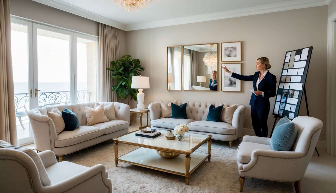 A cozy living room with elegant furniture, soft lighting, and tasteful decor. A Monaco interior designer consults with a client, discussing design options and creating a vision board