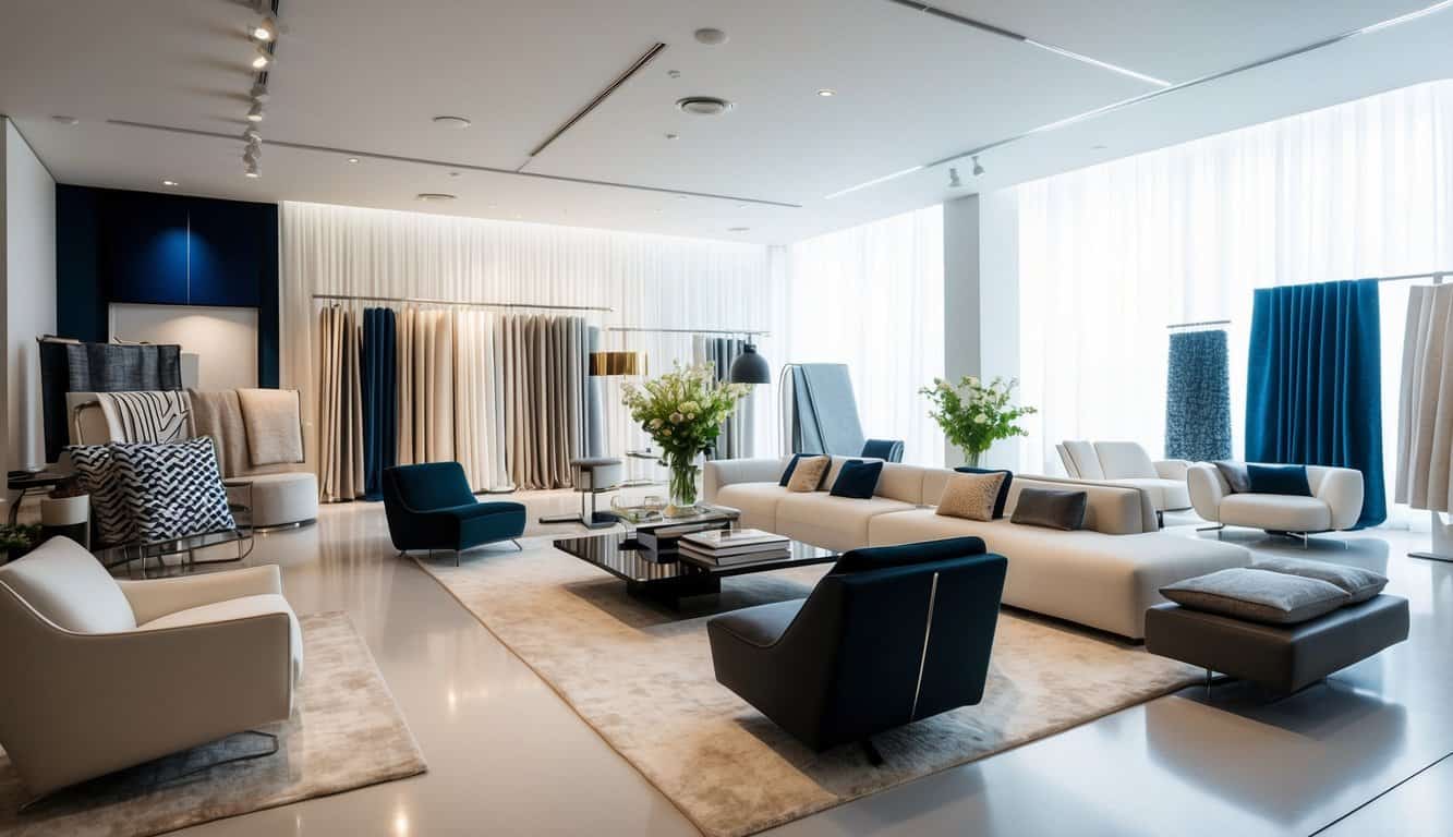 A sleek, modern design studio with luxurious furniture and fabric samples. Bright natural light floods the space, showcasing elegant interior design concepts