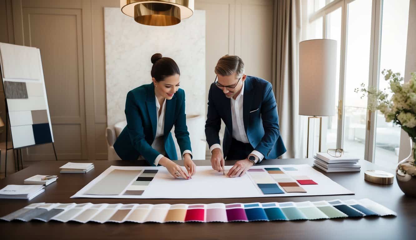 A designer and a client collaborate on a mood board, selecting color swatches and fabric samples for a luxurious Monaco interior design project