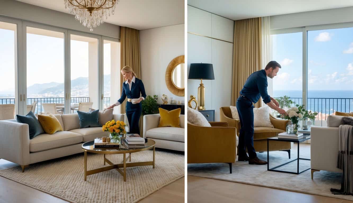 A professional interior designer carefully selects and arranges furniture and decor in a luxurious Monaco apartment, while a DIY designer struggles with mismatched items and clutter