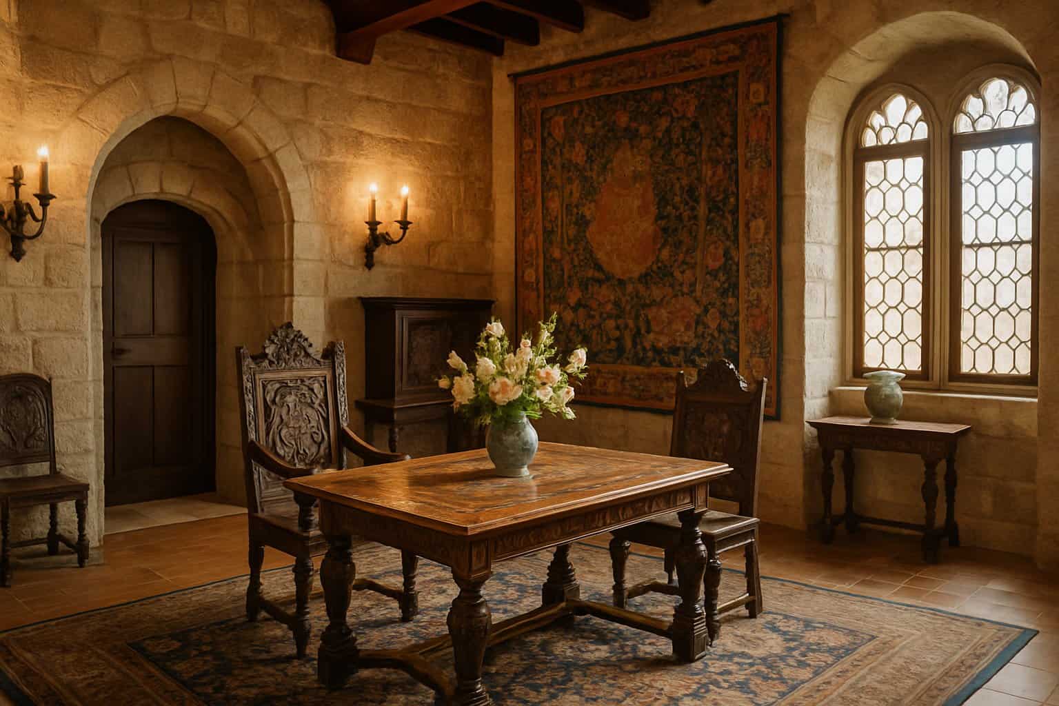 An interior room with stone walls, wooden furniture, tapestries, and decorative objects reflecting a historical period.
