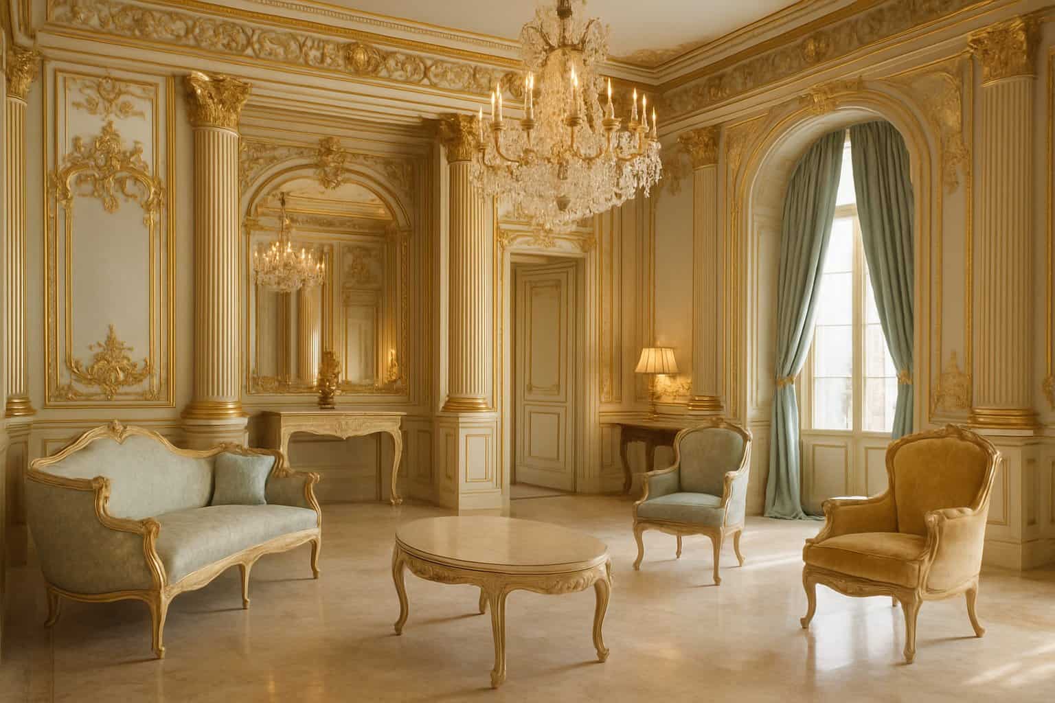 An elegant and luxurious interior room with ornate decorations, grand columns, and refined furniture bathed in warm natural light.