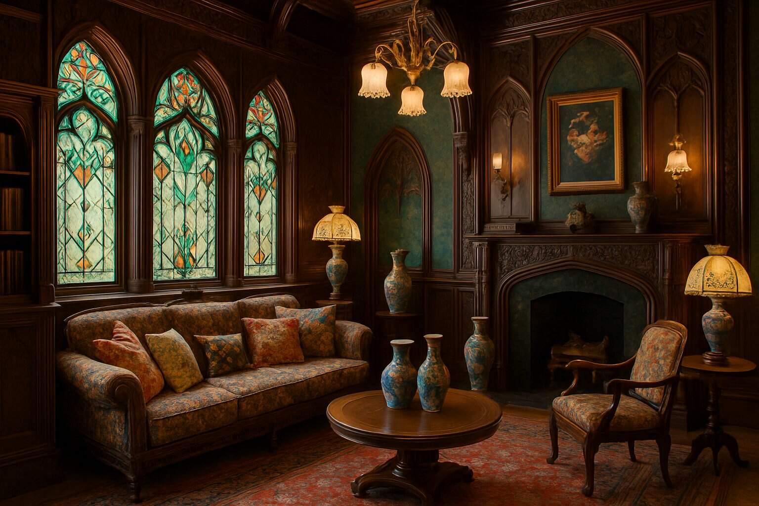 An elegant interior room with dark wood paneling, decorative furnishings, stained glass windows, and soft natural lighting.