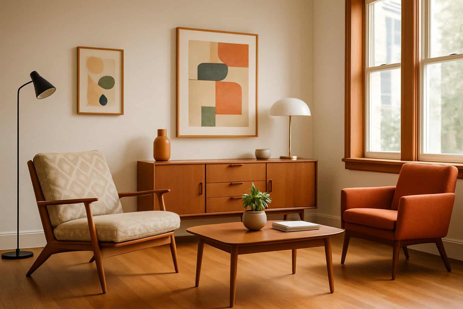 A bright and inviting living room with wooden furniture, a lounge chair, coffee table, and large windows letting in natural light.